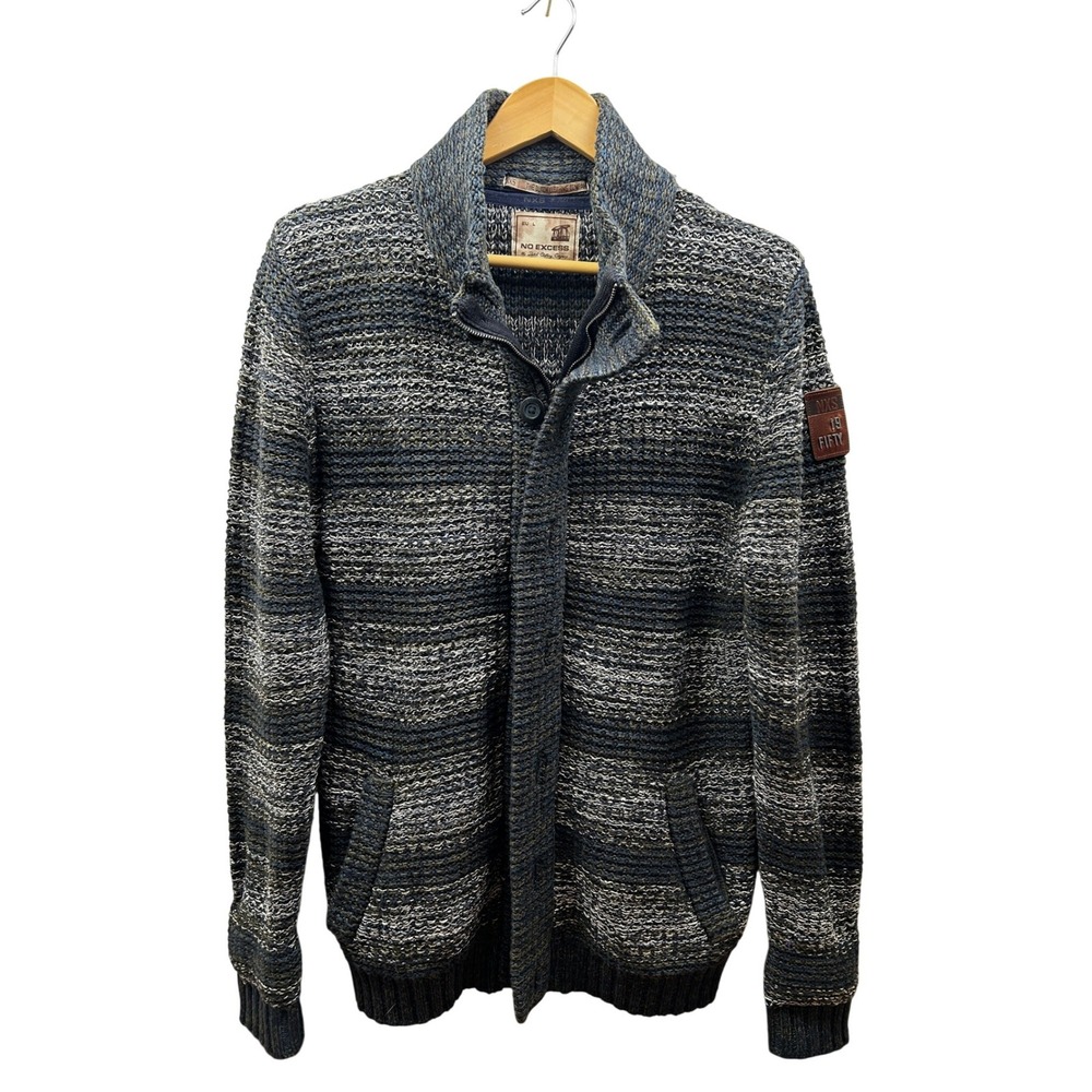 No Excess Knit Cardigan Men L Blue Gray Heavy Full-Zip Sweater 100% Cotton Dutch